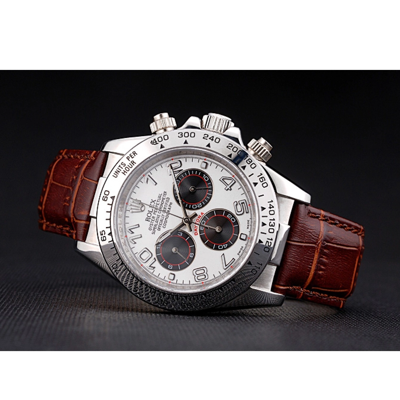 Aaa fake watches Stainless Steel Daytona Brown Dial Leather Rolex Case White Strap 0520